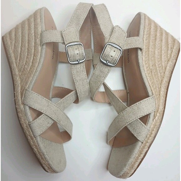 Lucky Brand Sandals Sz 8.5 Strappy Espadrille Wedge Heel Natural & Gold Metallic - Picture 3 of 16